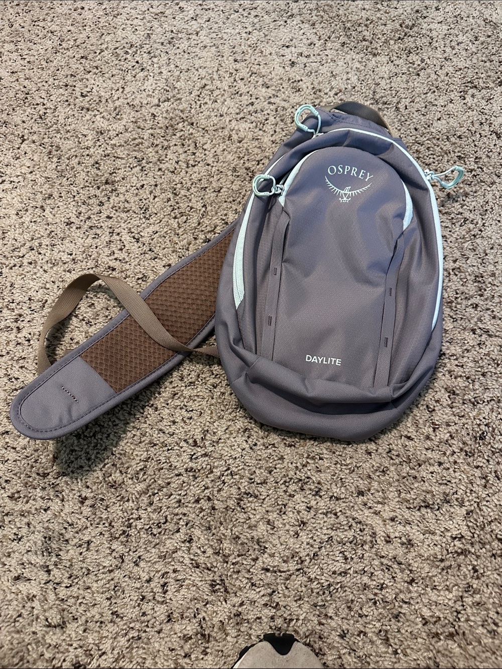 OSPREY Daylite Sling Pack in Gray with Light purple/ mint Trim